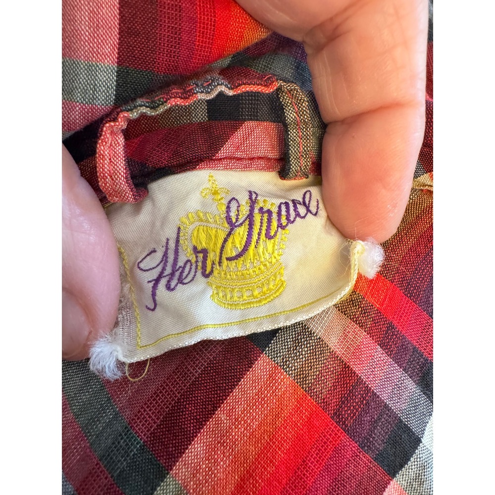 Vintage 1950s 60s Plaid Shirt Dress Bow Tie Neck Patch Pockets Mid Century - Picture 8 of 10